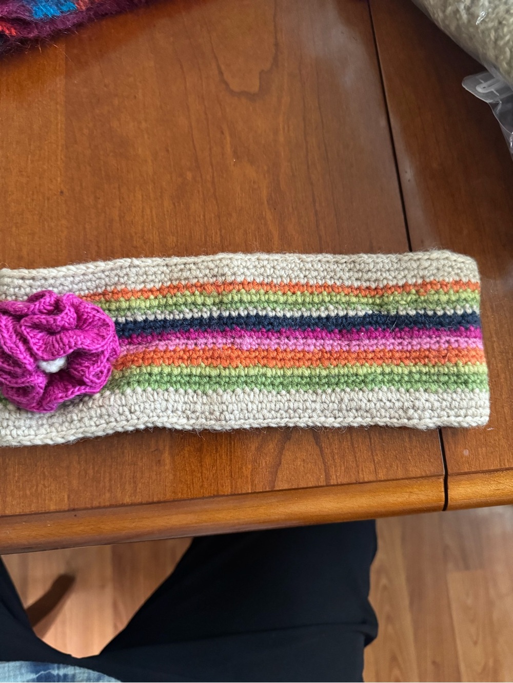 Handmade Cream Knit Headband with Pink Flower and Multicolor Stripes